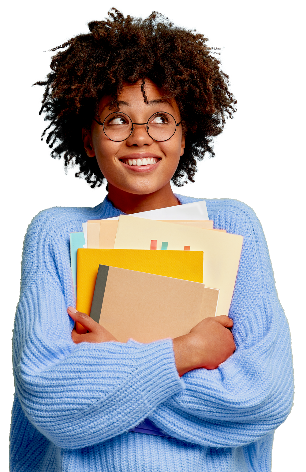 Étudiante qui se questionne sur son avenir avec des cours dans les bras.