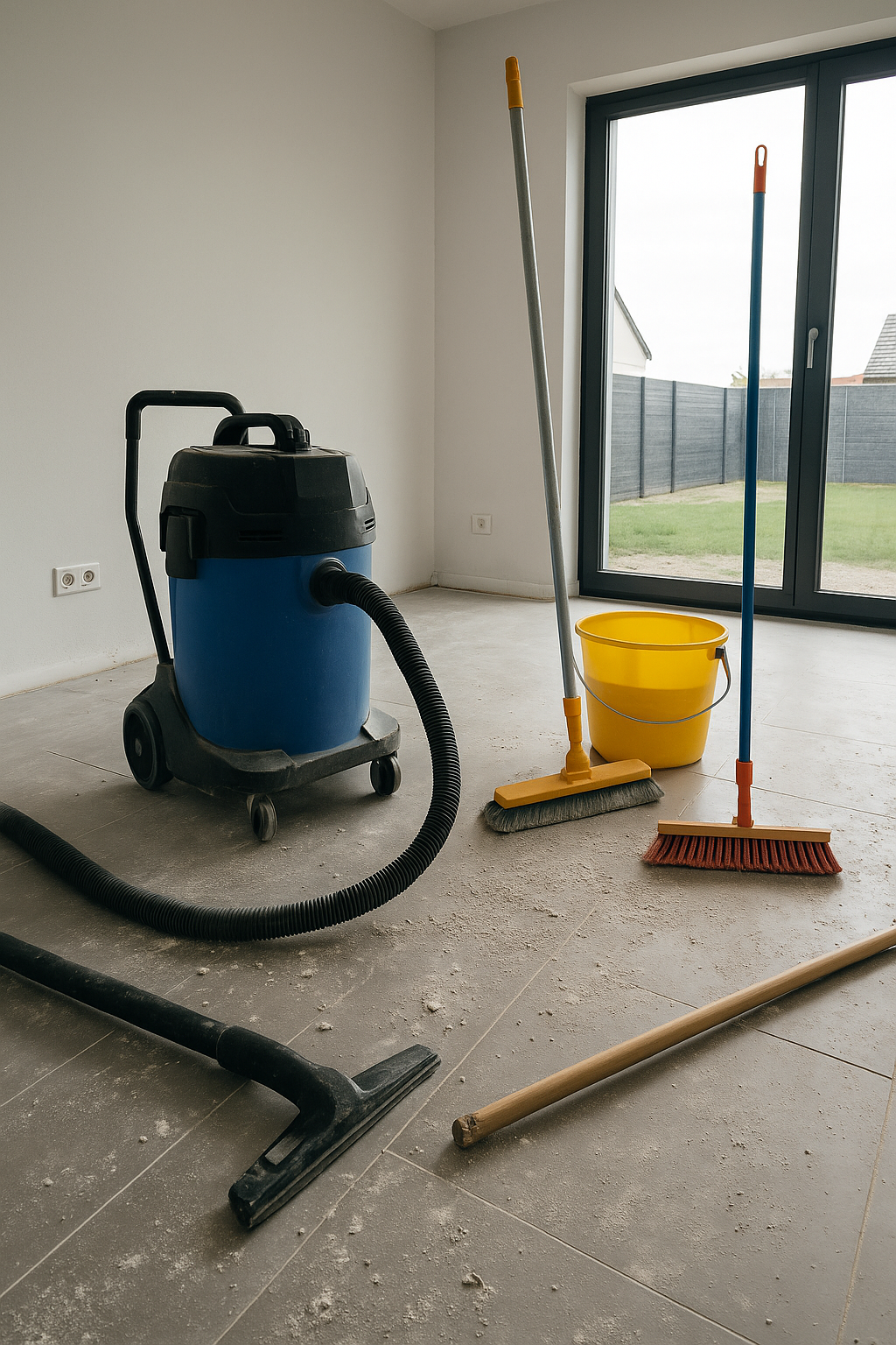 Une pièce avec un aspirateur, une serpillière et un seau sur le sol.