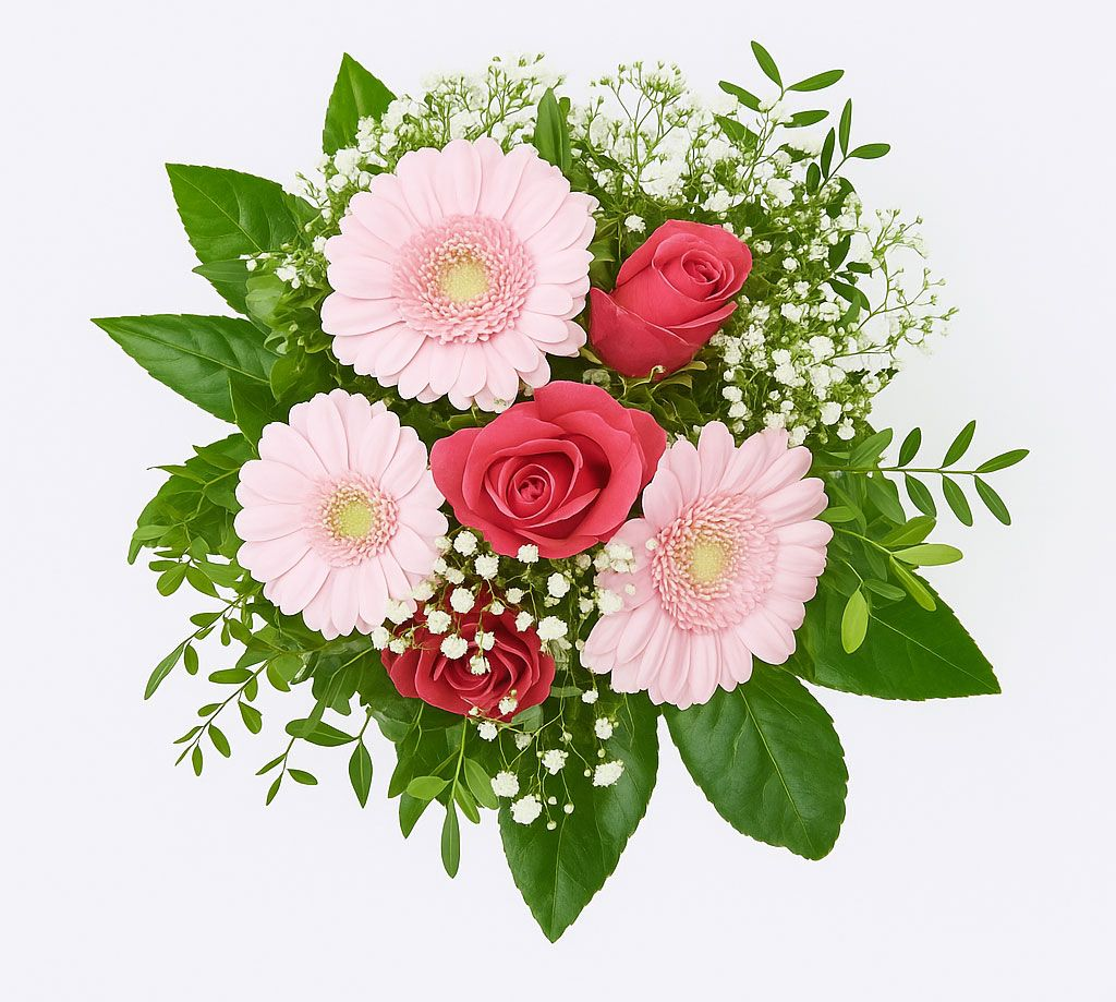 Bouquet of pink gerbera daisies and roses, surrounded by greenery and baby's breath.