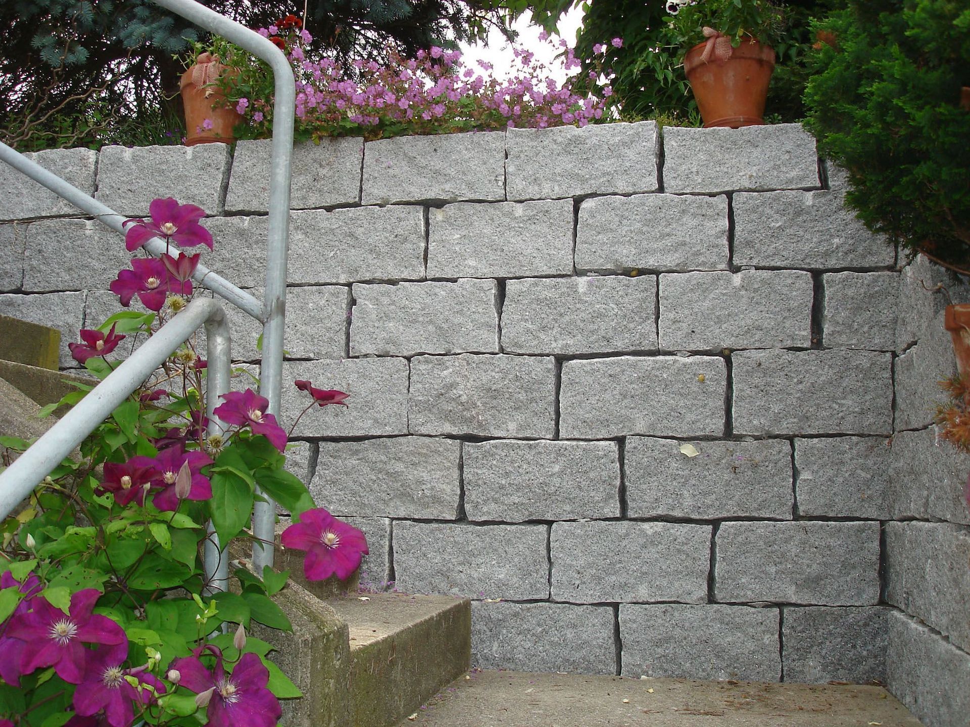 Eine Backsteinmauer mit lila Blumen davor