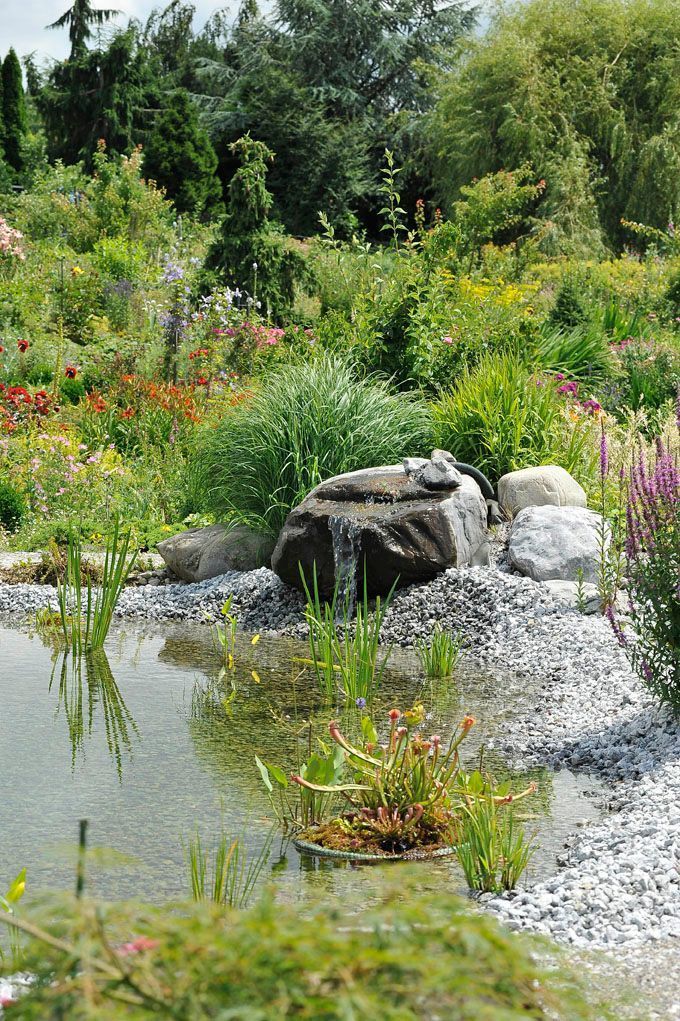 In der Mitte des Gartens befindet sich ein Teich mit Wasserfall.