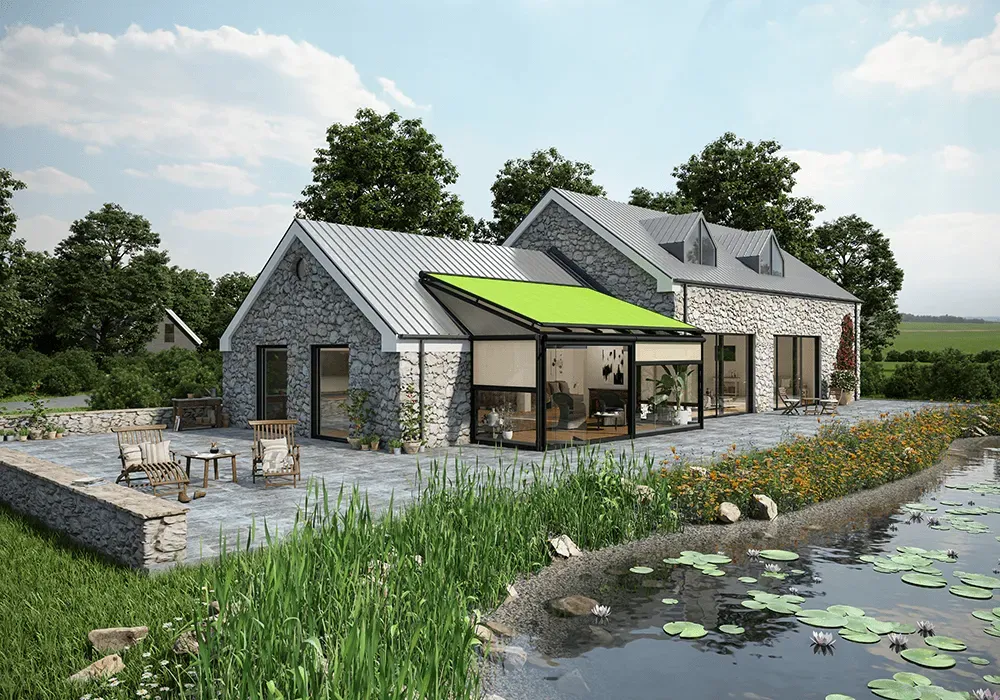 Ein Haus mit einer grünen Markise an der Seite.