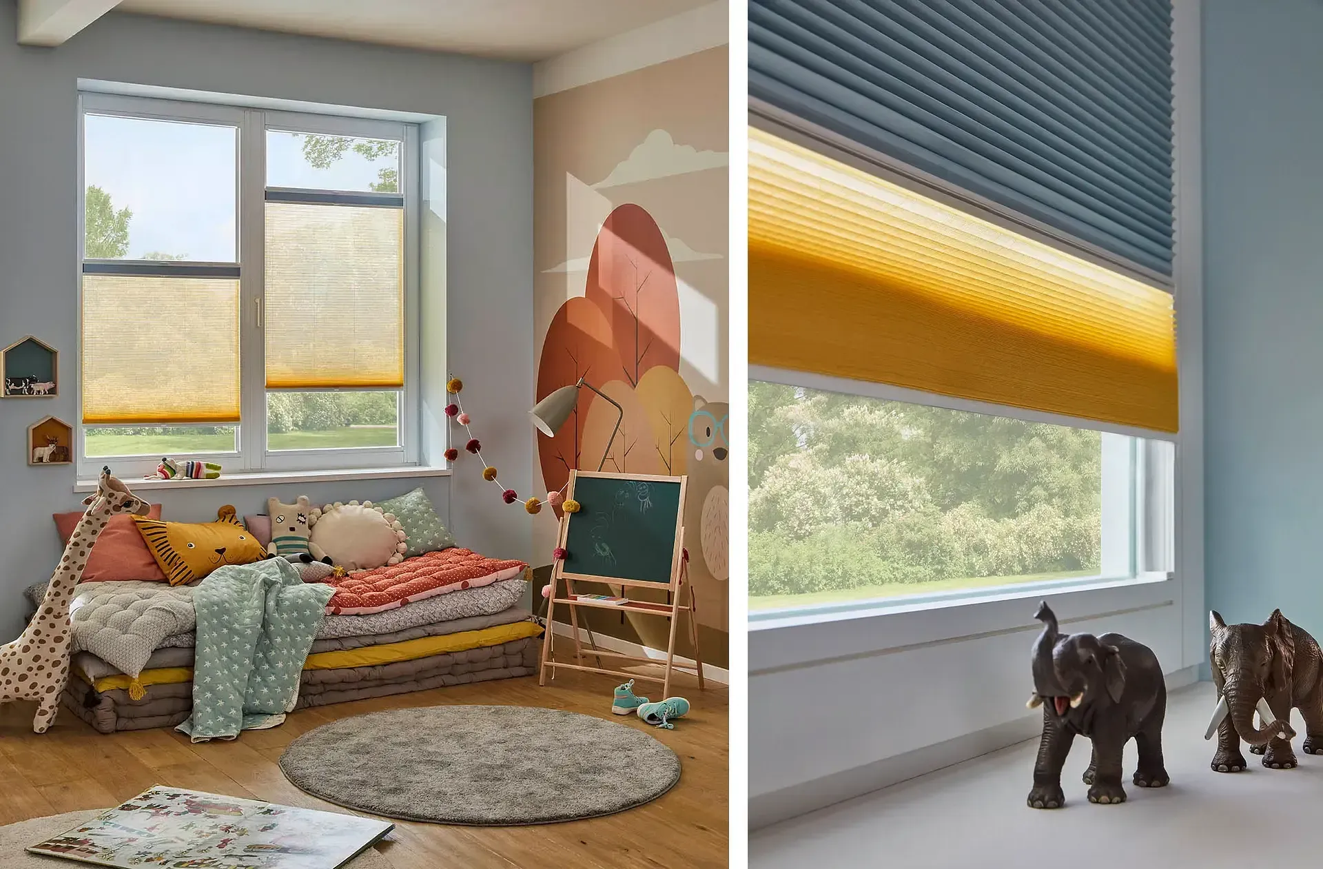 Ein Kinderzimmer mit Bett und Fenster mit Jalousien.