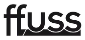 Ein schwarzweißes Logo für Ffuss auf weißem Hintergrund.