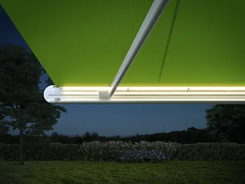 Eine grüne Markise mit Lichtern darunter befindet sich auf einem üppigen grünen Feld.