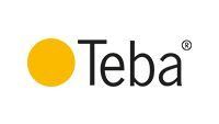 Das Teba-Logo ist gelb und schwarz mit einem gelben Kreis in der Mitte.