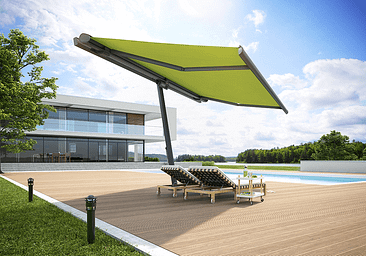 Eine große grüne Markise steht auf einem Holzdeck neben einem Swimmingpool.
