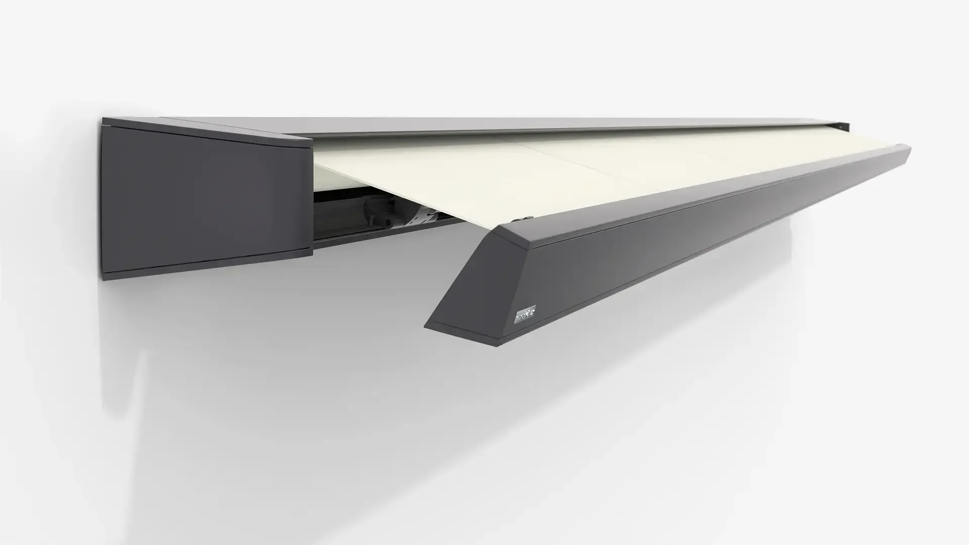 Auf einer weißen Fläche befindet sich eine graue Markise.