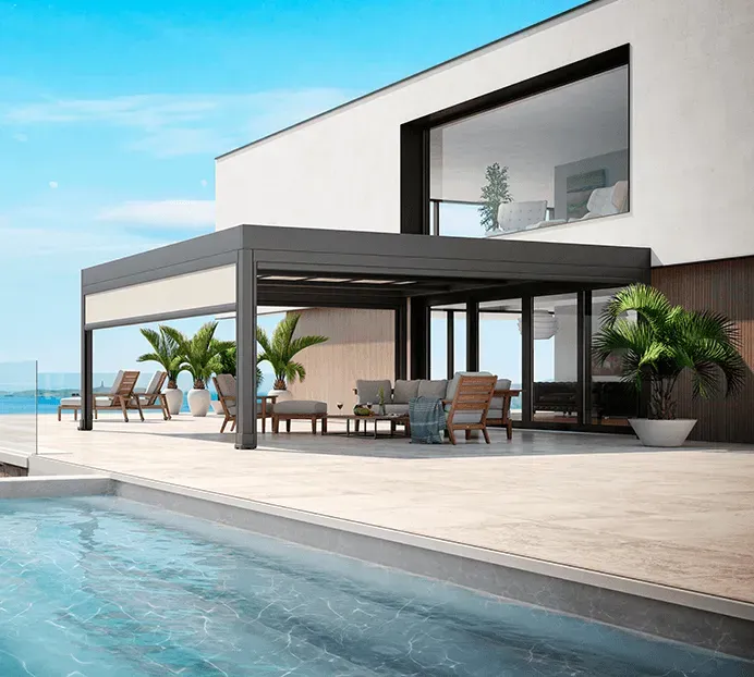 Ein modernes Haus mit Swimmingpool und Pergola.