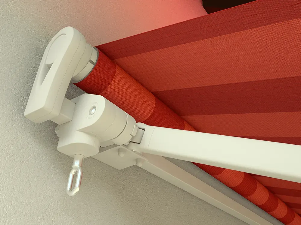 Eine rot-weiß gestreifte Markise hängt von der Decke