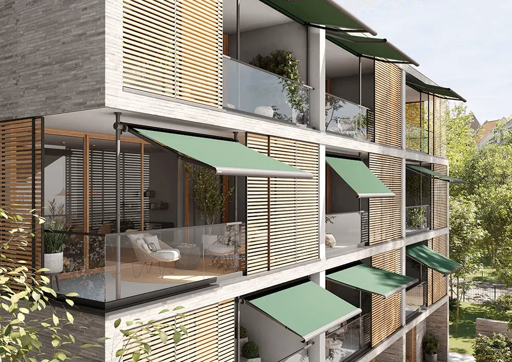 Eine künstlerische Darstellung eines Gebäudes mit grünen Markisen auf den Balkonen.