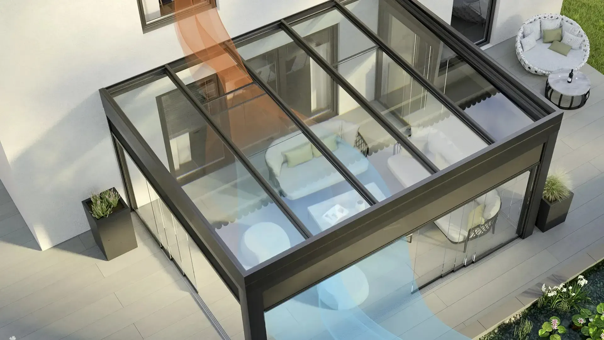 Eine Luftaufnahme eines Hauses mit Glasdach.