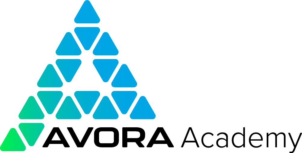 AVORA Academy-Logo mit blauem und grünem Dreieckssymbol und schwarzem Text.