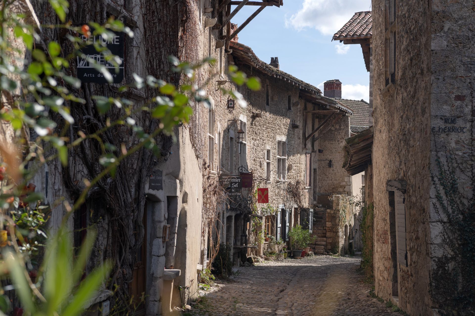 Des bâtiments en pierre bordent une rue pavée étroite. Des vignes grimpent sur les murs, et l'on aperçoit un volet rouge.