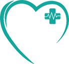 Sinivihreä sydän, jossa on lääketieteellinen risti, jossa on sydämenlyöntikuva.