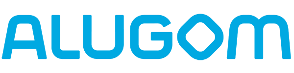 Logotipo azul de “ALUGOM” sobre un fondo blanco.