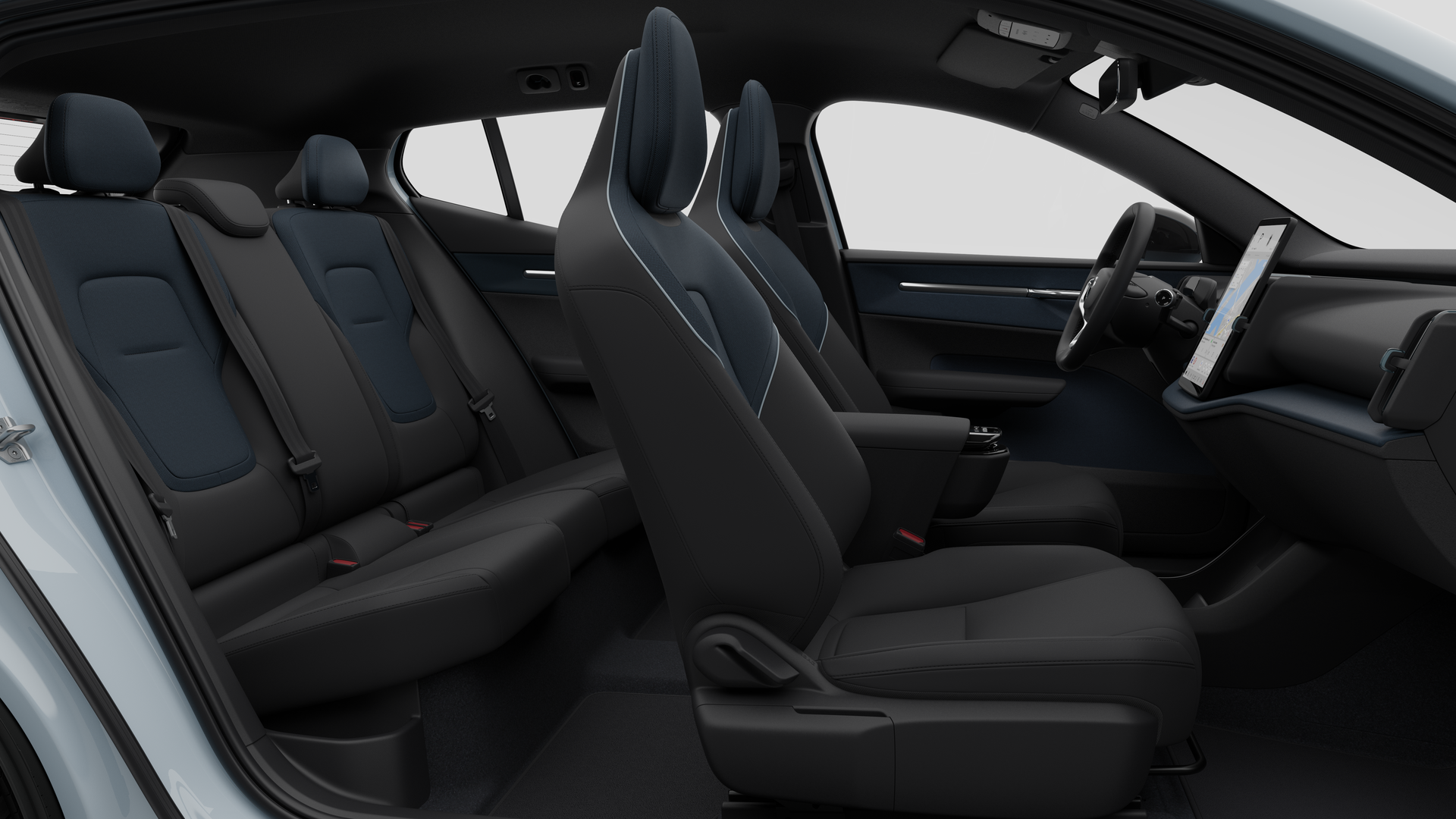 Vue des sièges bleu nuit et noir du conducteur et des passagers.