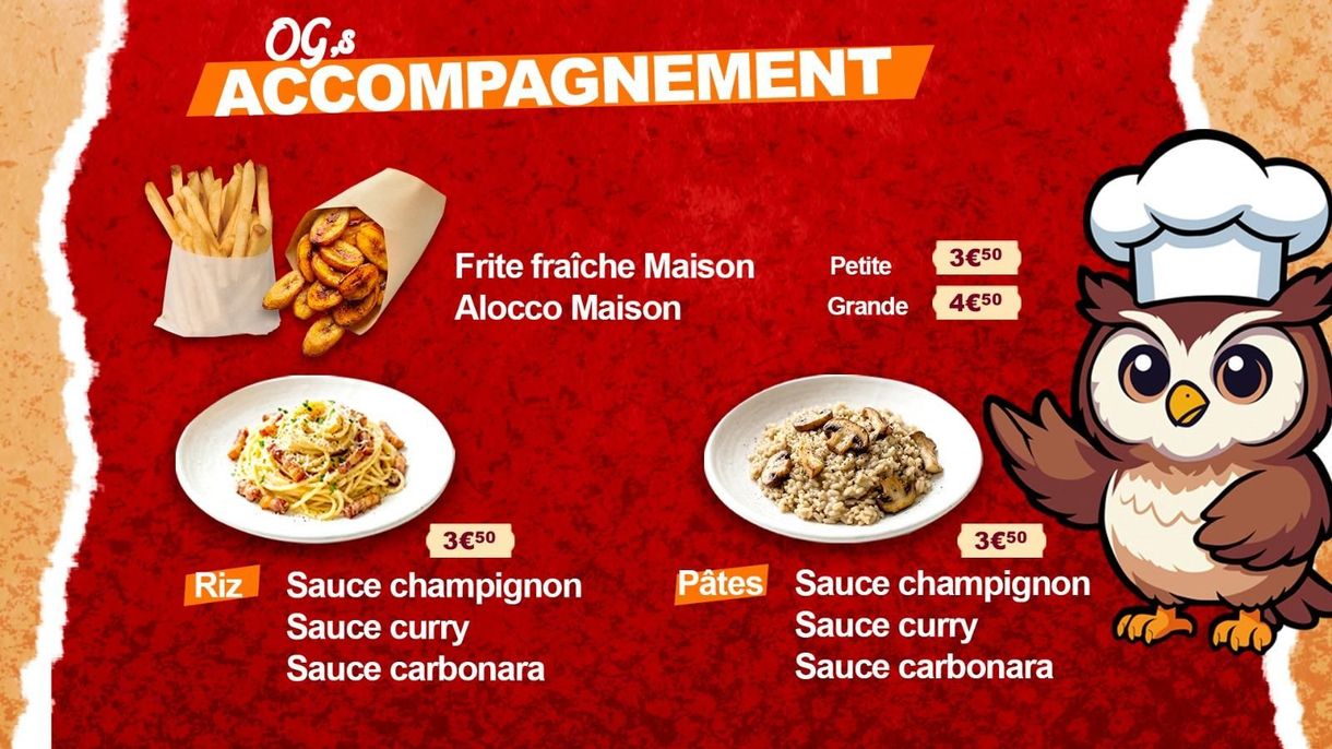 Section du menu Accompagnement avec frites, purée de pommes de terre, choix de sauces et une mascotte hibou.