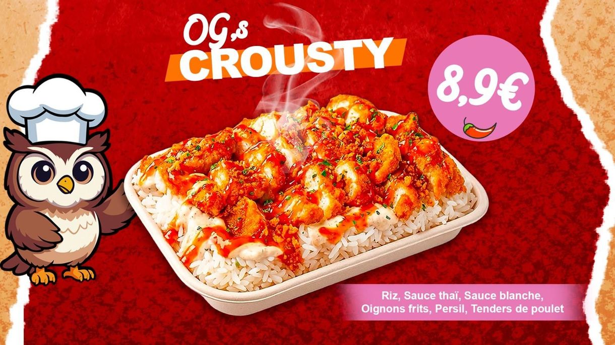 Publicité pour un plat de poulet croustillant avec une mascotte hibou, fond rouge et prix : 8,9 €.