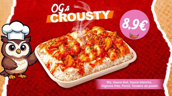 Publicité pour un plat de poulet croustillant avec une mascotte hibou, fond rouge et prix : 8,9 €.