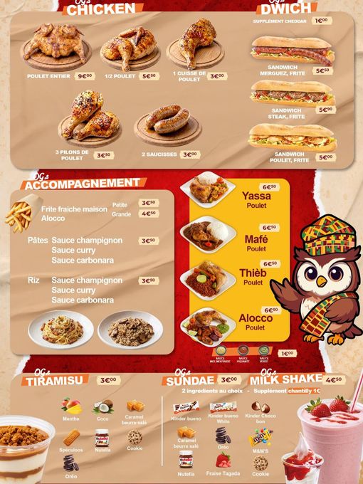 Menu de restauration rapide avec poulet, sandwichs, accompagnements, desserts, boissons et une mascotte.