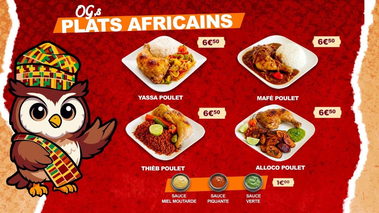 Affiche de menu de cuisine africaine avec une mascotte hibou, du riz jollof, de la volaille frite et grillée.