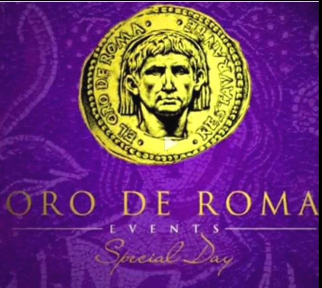 Logotipo para "Oro de Roma Eventos" con imagen de moneda de oro sobre fondo morado.