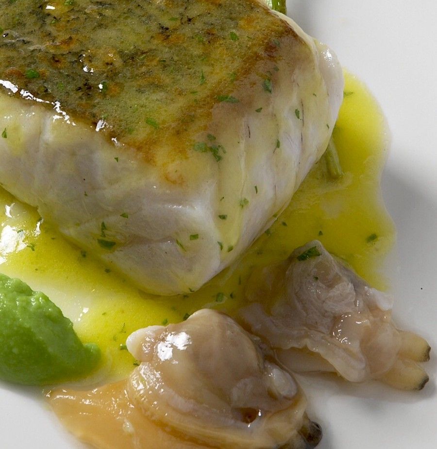 Pescado blanco salteado con salsa verde y almejas en un plato blanco.