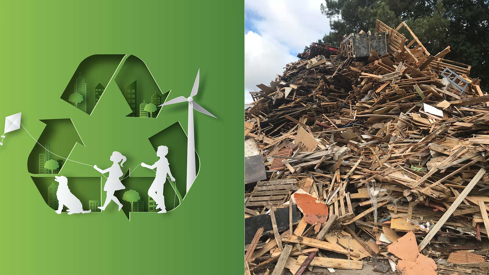 Logo recyclage à gauche, déchets bois à droite