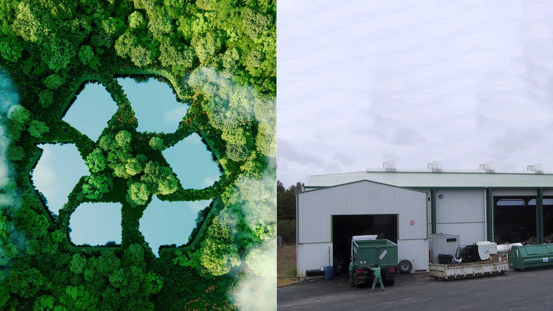 A gauche de l'image, un lac en forme de pictogramme de recyclage dans la forêt, à droite, le centre