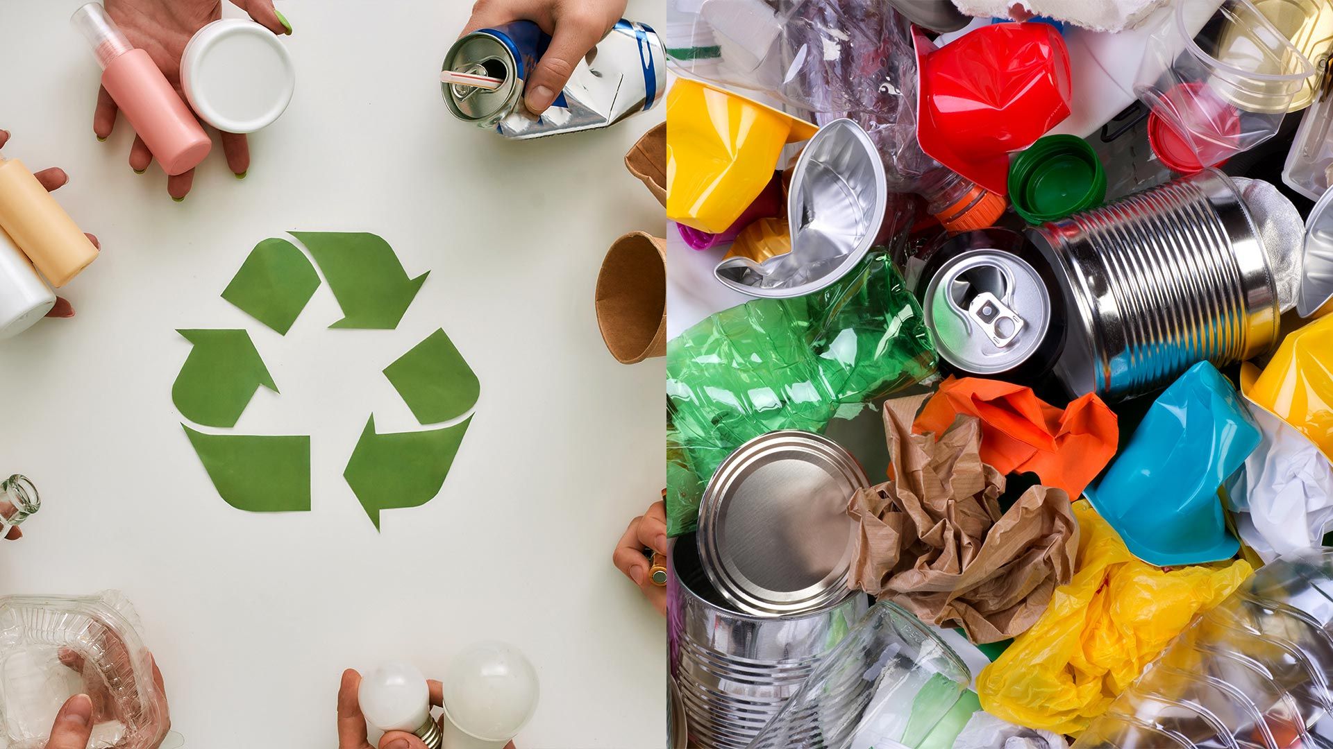 A gauche de l'image, des un logo de recyclage, à droite, des déchets recyclables