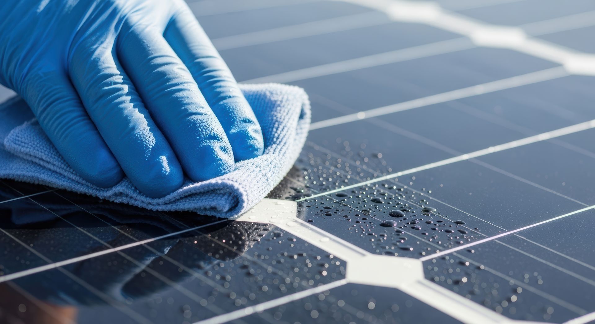 Main gantée essuyant un chiffon en microfibre bleu humide sur un panneau solaire, éliminant les gouttelettes.
