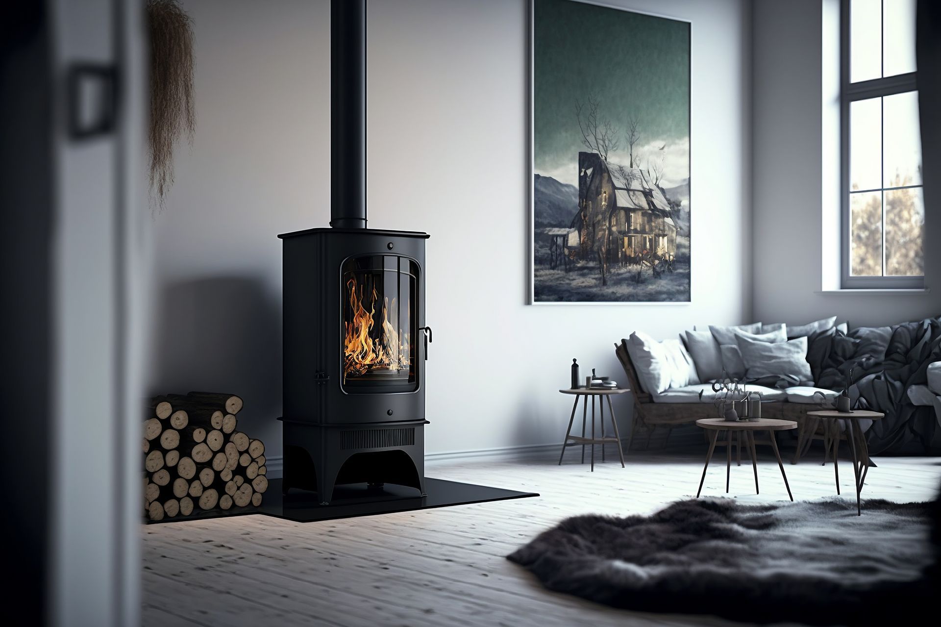 Salon moderne avec un poêle à bois en train de fonctionner pendant l'hiver