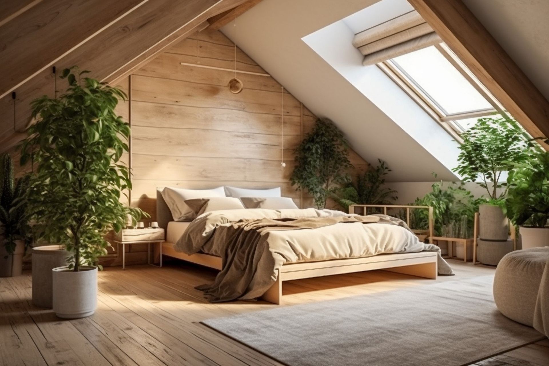 Chambre à coucher en bois, moderne et confortable, design intérieur écologique avec des couleurs beiges et des plantes