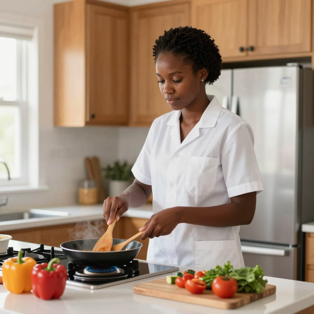 Une personne est dans une cuisine lumineuse, remuant des aliments dans une poêle avec des légumes sur le comptoir.