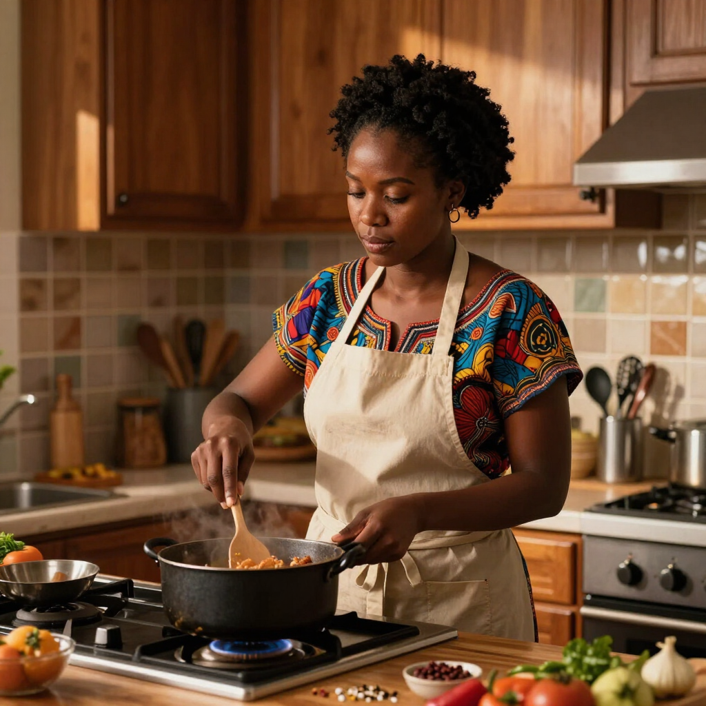 Une personne cuisine, et tient une casserole sur le feu avec des légumes à proximité.