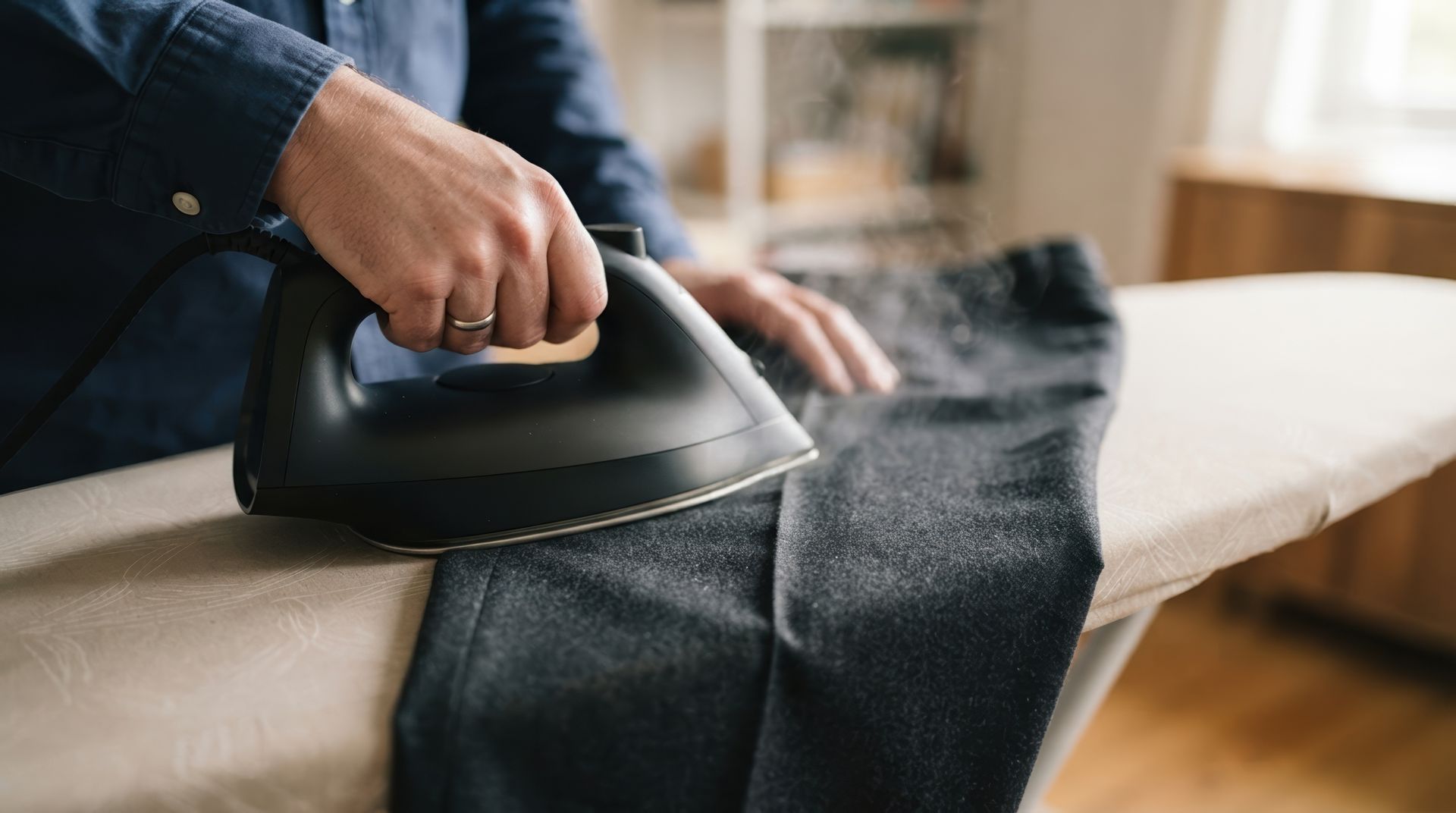 Personne repassant un pantalon gris sur une planche à repasser avec un fer noir.