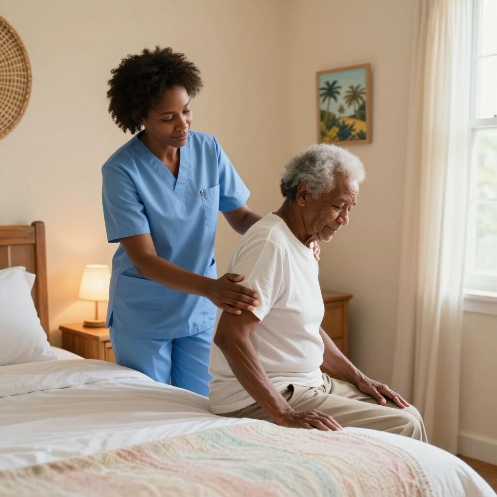 Une aide-soignante en bleu aide une personne âgée à s'asseoir sur un lit dans une chambre ensoleillée.