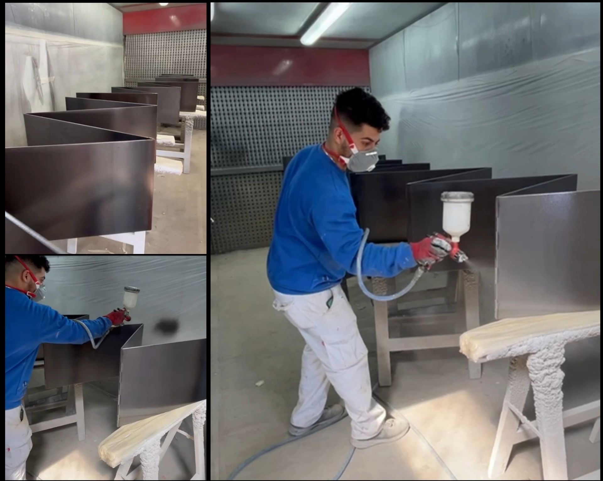 Home amb respirador pintant mobles amb una pistola polvoritzadora en un taller.