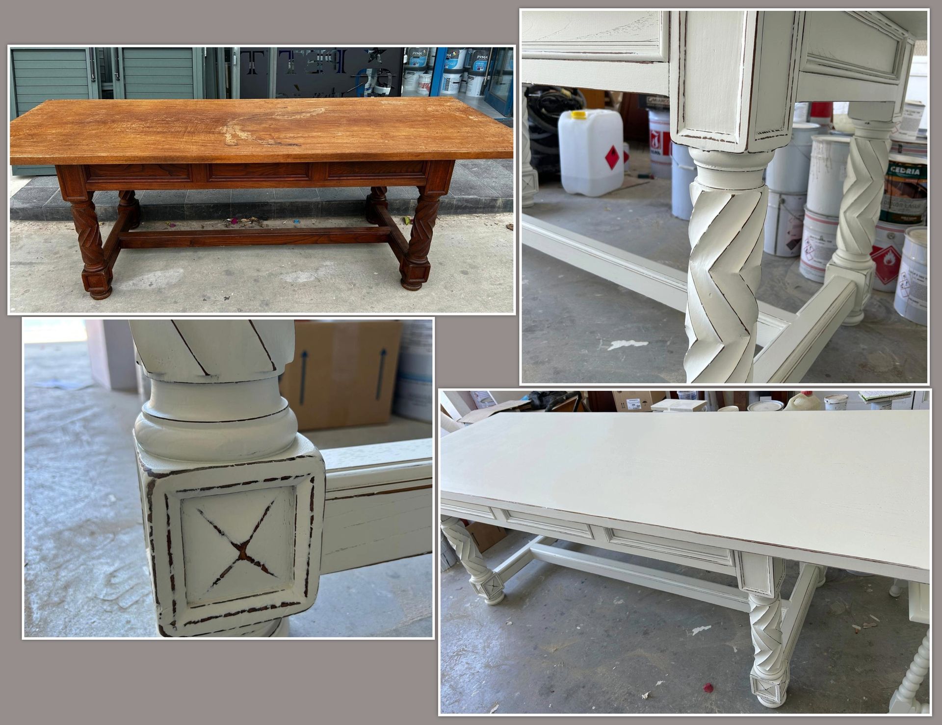 Abans i després d'una taula de fusta pintada de blanc. Es poden veure detalls de les potes tallades.