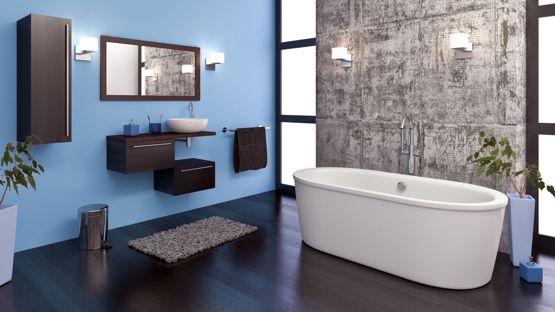 Un baño con paredes azules y una bañera blanca.