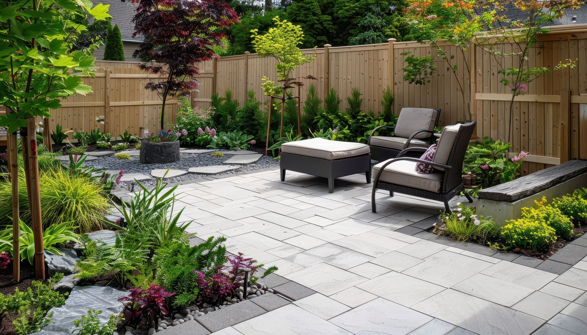 Une terrasse moderne entourée d'arbres
