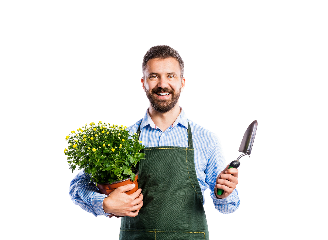 Un jardinier avec une plante et une pelle dans ses mains