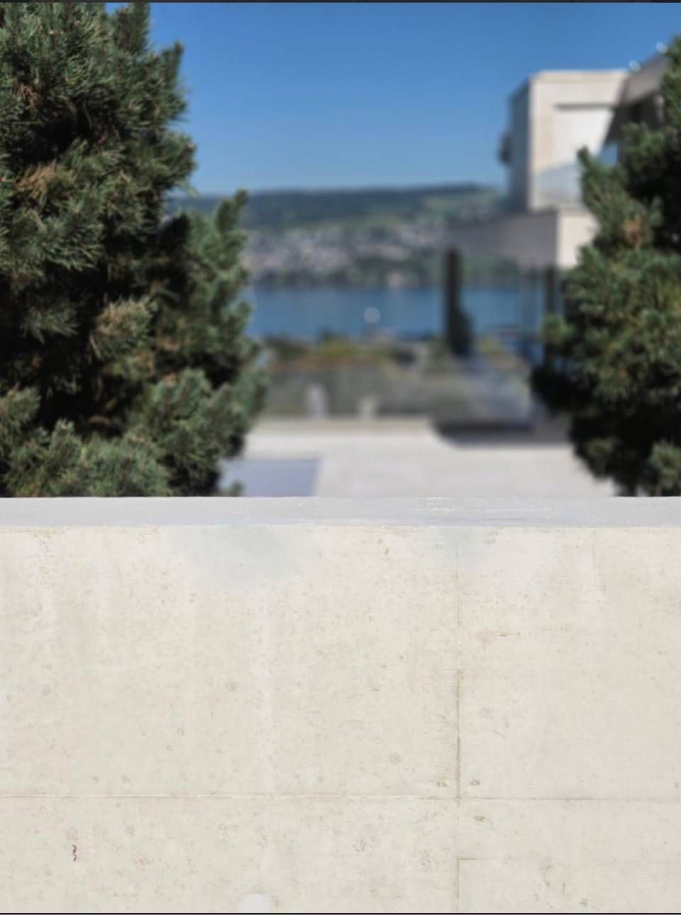 Verschwommener Meerblick zwischen Bäumen, im Vordergrund eine weisse Mauer.