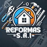 Un logotipo para reformas sai con una casa y herramientas a su alrededor.
