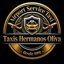 Business card for Taxis Hermanos Oliva, featuring the company name, a 24/7 icon, and the phone number +34 687 903 900.