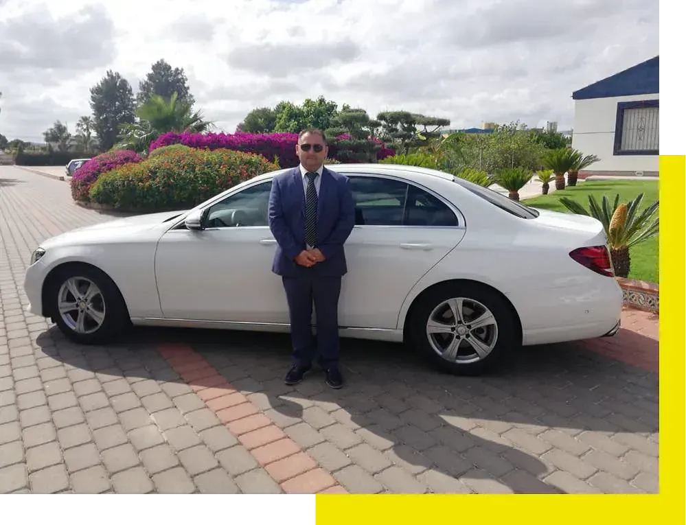 Un hombre con traje y corbata está de pie junto a un coche blanco.