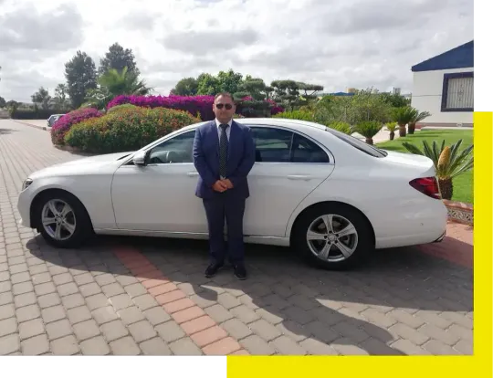 Un hombre con traje y corbata está de pie junto a un coche blanco.