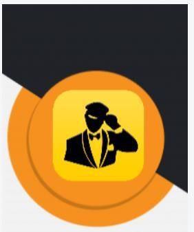 A yellow square icon featuring a black silhouette of a person in a tuxedo adjusting a tie, set against an orange circle.