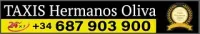Business card for Taxis Hermanos Oliva, featuring the company name, a 24/7 icon, and the phone number +34 687 903 900.